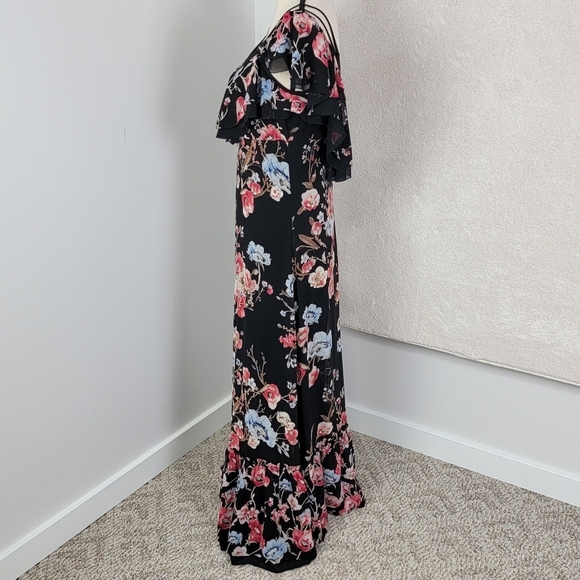 WHBM Black Elegant Boho Floral Embroidered Cold Shoulder Ruffled Maxi Dress Sz 6 - Picture 5 of 16